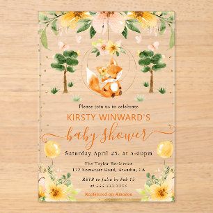Invitaciones Acrílicas Chorro de agua Floral Lindo Zorro Baby Shower