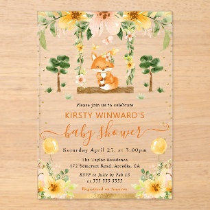 Invitaciones Acrílicas Chorro de agua Floral Lindo Zorro Baby Shower