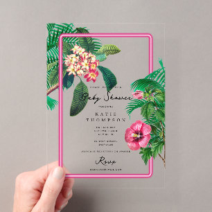 Invitaciones Acrílicas Chorro de Bebé de Botánicas Tropicales Rosa Neon