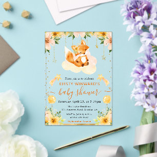 Invitaciones Acrílicas Chorro de bebé de zorro floral lindo en acuarela e
