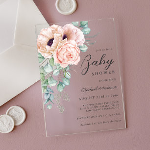 Invitaciones Acrílicas Chorro de Bebé Floral Acuarela Rosa Femenino