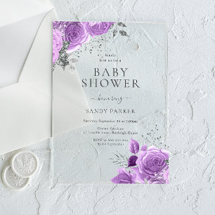 Invitaciones Acrílicas Chorro de Lavanda Morado y Plateado para Bebe