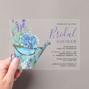 Invitaciones Acrílicas Chorro de Novia Floral de Hortensia Azul y Lavanda
