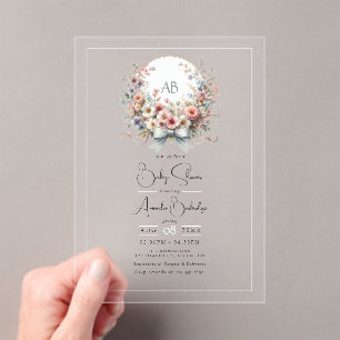 Invitaciones Acrílicas Chorro Elegante Floral Monograma Baby Shower