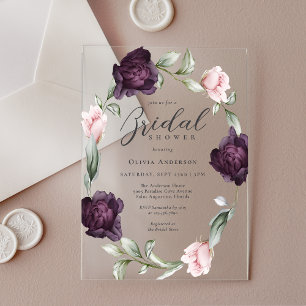 Invitaciones Acrílicas Chorro Nupcial Floral Rosa Elegante y Burdeos