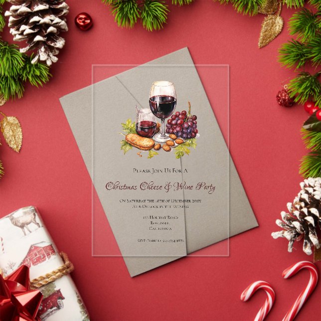 Invitaciones Acrílicas Christmas Cheese & Wine Party Watercolor  (Insitu (Vacaciones))