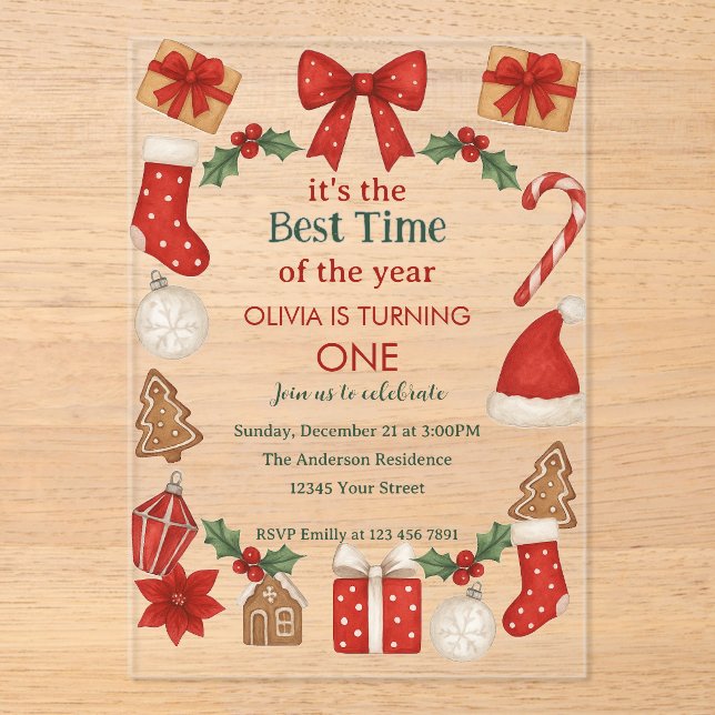 Invitaciones Acrílicas Christmas First Birthday Invitation | Festive (Anverso)