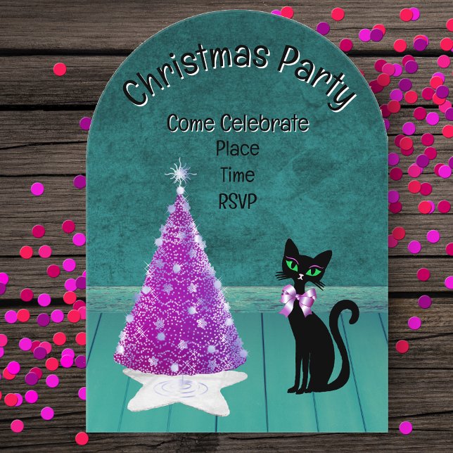 Invitaciones Acrílicas Christmas Party Pink Tree Black Cat Teal Room (Pink silver tree star rug black cat with bow in teal room on acrylic Christmas party invitations.)