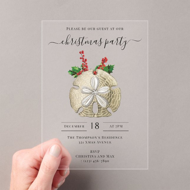 Invitaciones Acrílicas Christmas Party Sand Dollar Holly Berries Coastal  (Insitu (portátil))