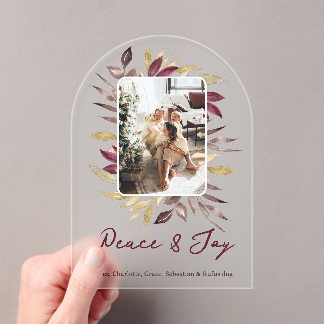 Invitaciones Acrílicas Christmas Peace and Joy Winter Foliage Photo (Insitu (portátil))