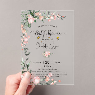 Invitaciones Acrílicas Chubasquero de rosas rosadas con mariposa para bab