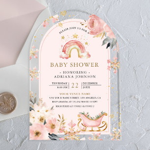 Invitaciones Acrílicas Chupete arcoíris boho rosa de invierno Baby Shower