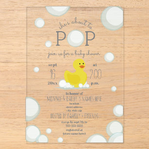 Invitaciones Acrílicas Chupete de Bebé Burbuja Pato a punto de Nacer Fies