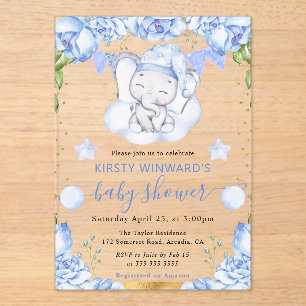 Invitaciones Acrílicas Chupete de elefante y rosas azules de acuarela