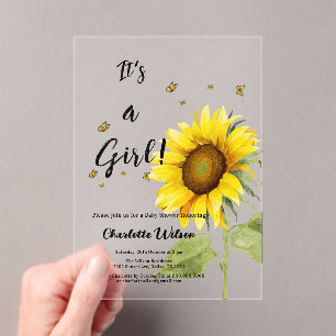 Invitaciones Acrílicas Chupete de girasol con mariposas para baby shower
