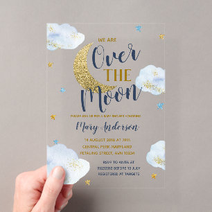 Invitaciones Acrílicas Chupete Luna Azul Marino y Brillo Dorado Baby Show