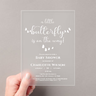 Invitaciones Acrílicas Chupinada de bebé con caligrafía de mariposa minim
