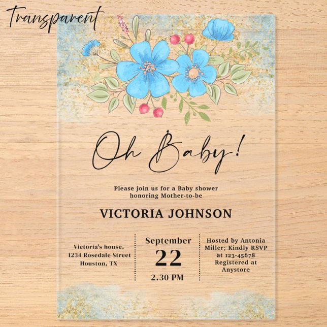 Invitaciones Acrílicas Chupinada de bebé floral azul (Subido por el creador)