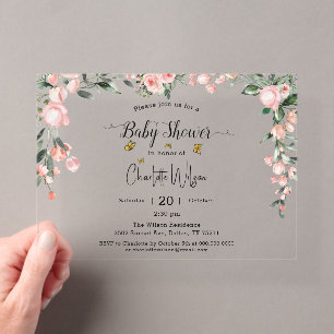 Invitaciones Acrílicas Chupinada de rosas rosadas con mariposas al aguare