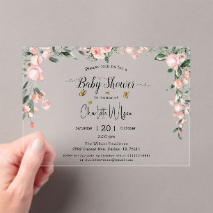 Invitaciones Acrílicas Chupinada de rosas rosadas con mariposas al estilo