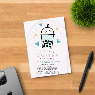 Invitaciones Acrílicas Chupito de Burbujas de Té Azul Niño Baby Shower