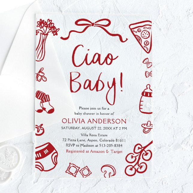 Invitaciones Acrílicas Ciao Baby Whimsical Italiana Pizza Cute Baby Showe (Ciao Baby Whimsical Italian Pizza Cute Baby Shower Acrylic Invitation)