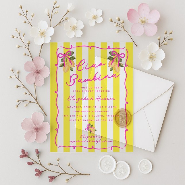 Invitaciones Acrílicas Ciao Bambina Yellow Stripes Baby Shower Acrylic (Ciao Bambina Yellow Stripes Baby Shower Acrylic Invitations)