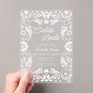 Invitaciones Acrílicas Cielito Lindo Baby Shower blanco mexicano