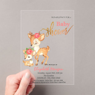 Invitaciones Acrílicas Ciervo bebé acuarela flores rosa baby shower