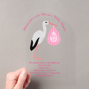 Invitaciones Acrílicas Cigüeña bebé niña rosa bonita Baño de bebé persona