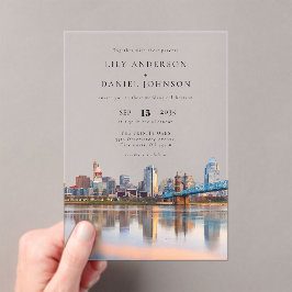Invitaciones Acrílicas Cincinnati City Skyline Watercolor Wedding