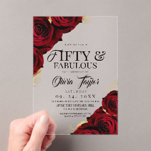 Invitaciones Acrílicas Cincuenta y Fabulosas Rosas Rojas Doradas Cumpleañ