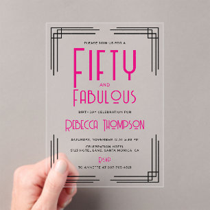 Invitaciones Acrílicas Cincuenta y Fabuloso Rosa Caliente Art Deco 50 Cum