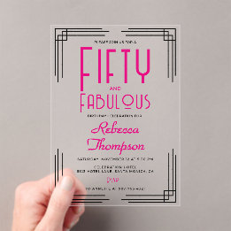 Invitaciones Acrílicas Cincuenta y Fabuloso Rosa Caliente Art Deco 50 Cum