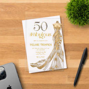 Invitaciones Acrílicas Cincuenta y Fabuloso Vestido de Oro Foto Cumpleaño