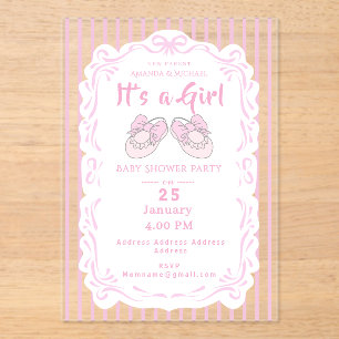 Invitaciones Acrílicas Cinta de lazo para bebé niña Zapato Rosa Invitació
