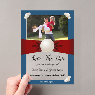 Invitaciones Acrílicas Cinta de Perla Azul y Borgoña Foto Save The Date