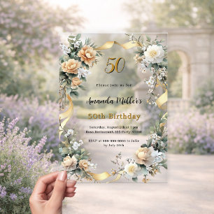 Invitaciones Acrílicas Cinta floral amarillo oro cumpleaños claro