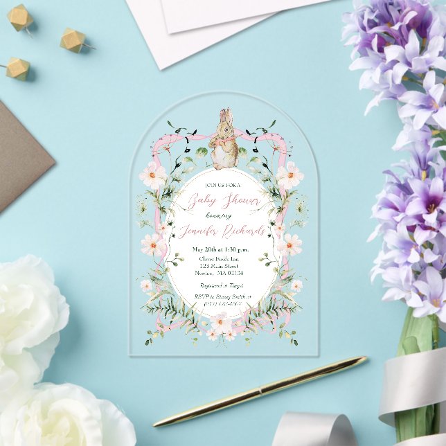 Invitaciones Acrílicas Cinta Floral Rosa Bebé Bunny Baby Shower (Insitu (Boda))