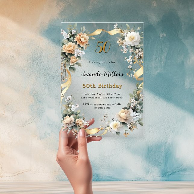 Invitaciones Acrílicas Cintas de flor amarillo dorado de nacimiento (Subido por el creador)
