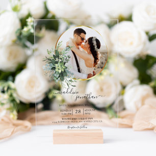 Invitaciones Acrílicas Círculo Botánico de Verdor Borde 2 Foto Boda
