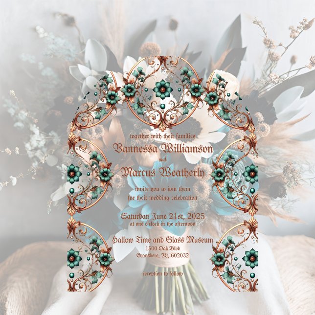 Invitaciones Acrílicas Círculo floral elegante de cobre y turquesa (Subido por el creador)