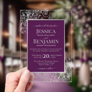 Invitaciones Acrílicas Ciruela elegante púrpura y plateado texto elegante