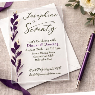Invitaciones Acrílicas Ciruelo elegante Botánico acuarela 70 cumpleaños