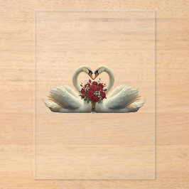 Invitaciones Acrílicas Cisnes Románticos Elegantes y Rosas Rojas - Día de