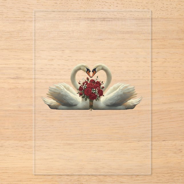 Invitaciones Acrílicas Cisnes Románticos Elegantes y Rosas Rojas - Día de (Anverso)