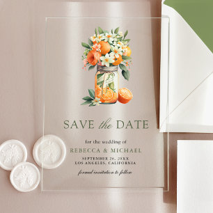 Invitaciones Acrílicas Citrus Naranja Mason Jar Wedding Guardar la fecha