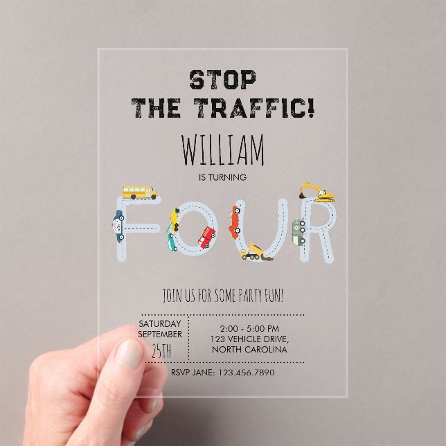 Invitaciones Acrílicas City Transportation Vehicles Truck Four Birthday (Insitu (portátil))