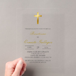 Invitaciones Acrílicas Claro floral español bautismo acrílico