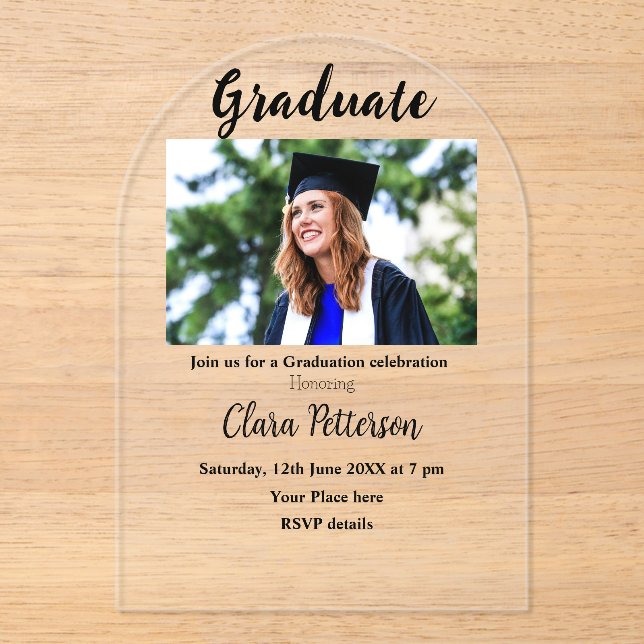 Invitaciones Acrílicas clase blanca negra clásica añada graduación de sch (Anverso)